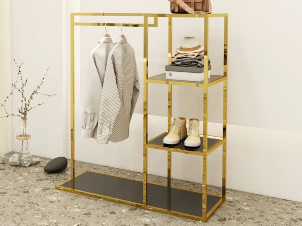 Shiny Gold Metal Clothes Stand – Floor-Type Heavy-Duty Rack for Retail Displays