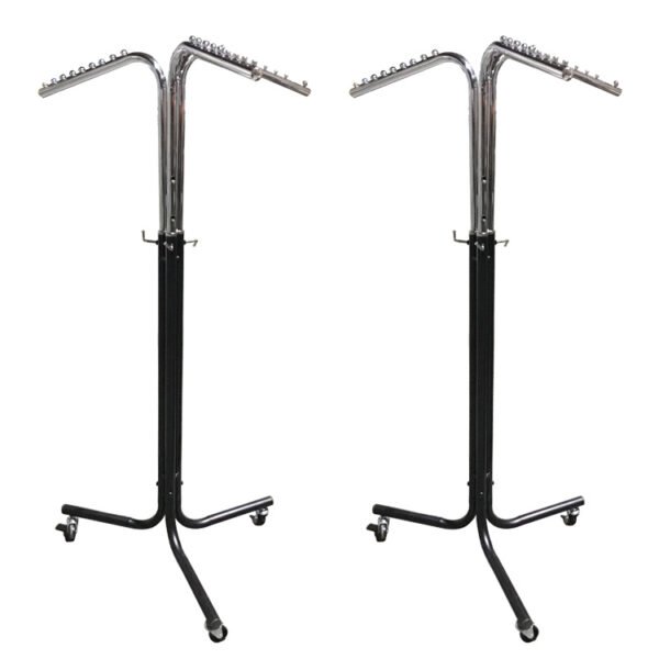 4-Way Rotating Garment Rack | Metal Display Stand with Wheels for Retail Stores