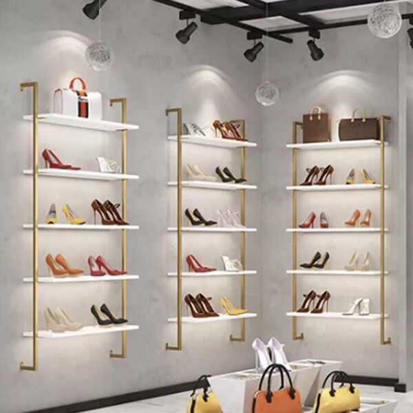 Shoe Shop Wall Shelf – Gold Metal Display Rack for Footwear Retail