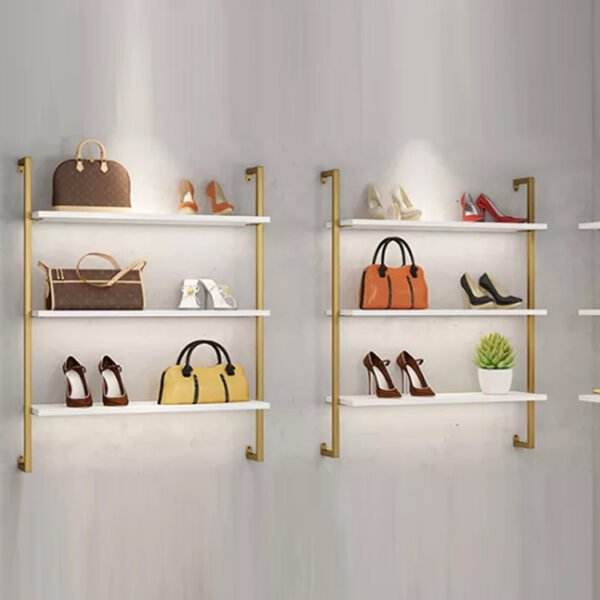 Shoe Shop Wall Shelf – Gold Metal Display Rack for Footwear Retail