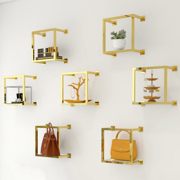 Custom Shiny Gold Wall Rack | Square Bag Display for Fashion Stores