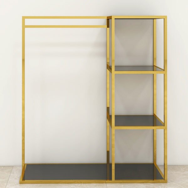 Shiny Gold Metal Clothes Stand – Floor-Type Heavy-Duty Rack for Retail Displays