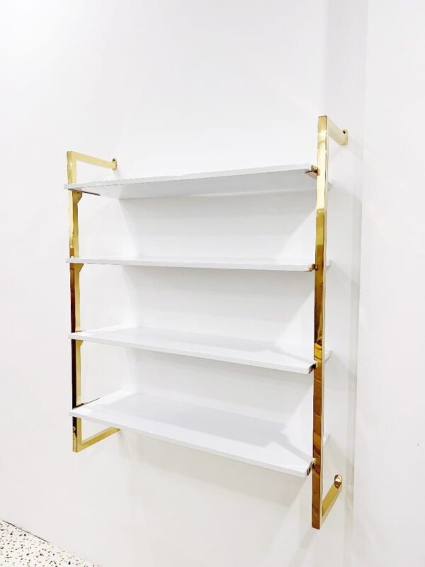 Shoe Shop Wall Shelf – Gold Metal Display Rack for Footwear Retail