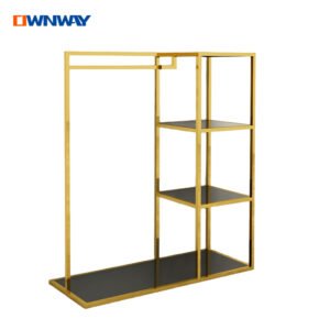 Shiny Gold Metal Clothes Stand – Floor-Type Heavy-Duty Rack for Retail Displays