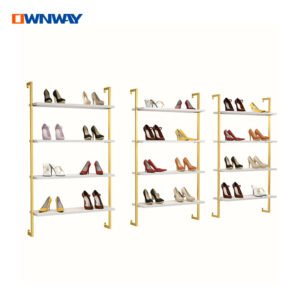 Shoe Shop Wall Shelf – Gold Metal Display Rack for Footwear Retail