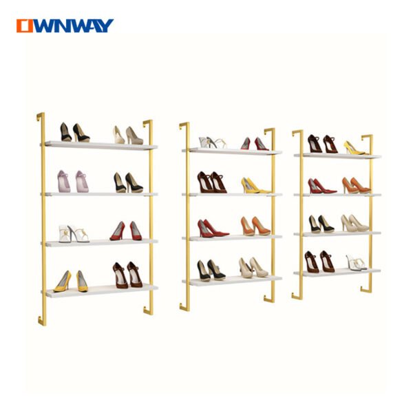 Shoe Shop Wall Shelf – Gold Metal Display Rack for Footwear Retail